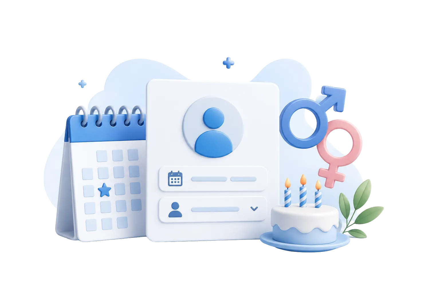 Calendar, identification card, gender symbols, and birthday cake