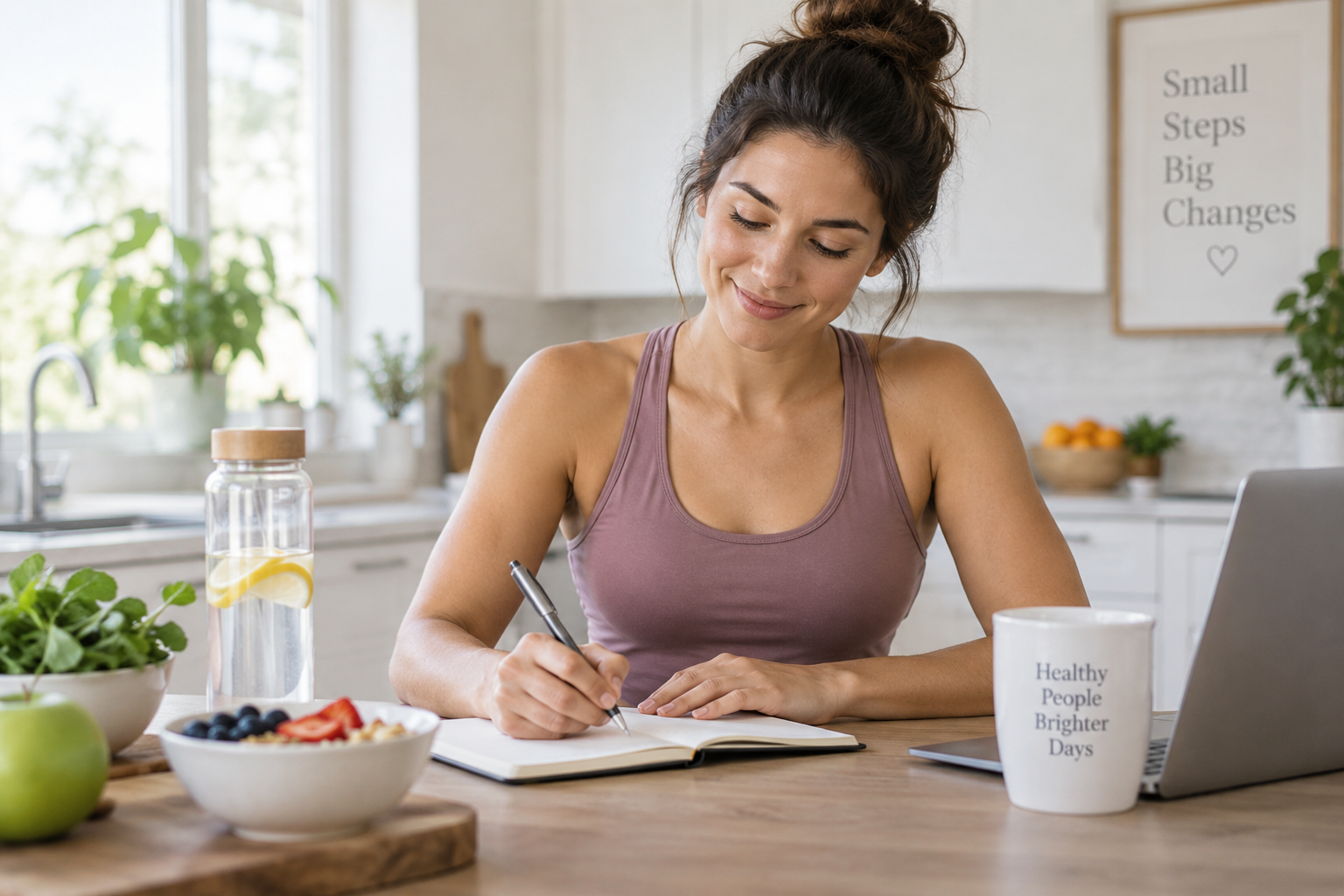Woman journaling at a kitchen table with a healthy meal