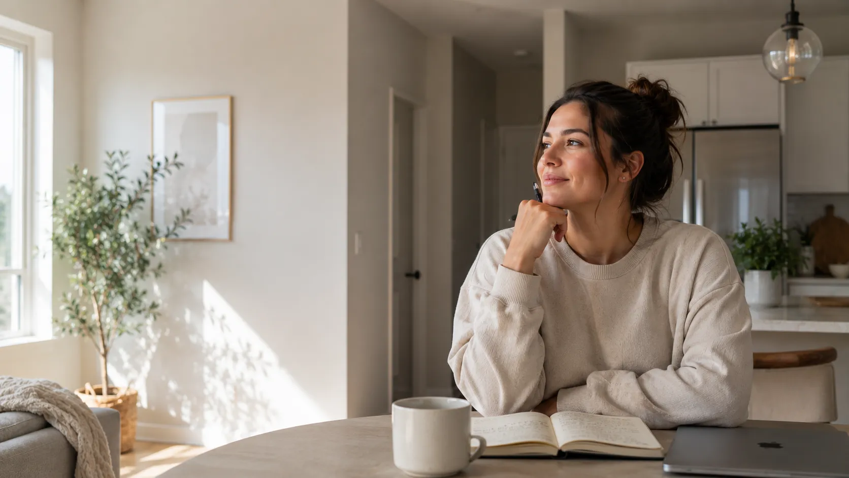 Woman sitting thoughtfully at home
